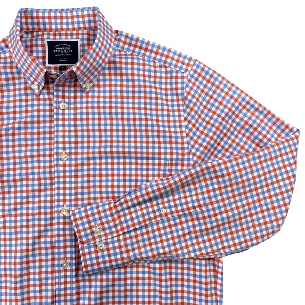 Charles Tyrwhitt Mens Medium Slim Fit Red Blue Check Non Iron Cotton Shirt